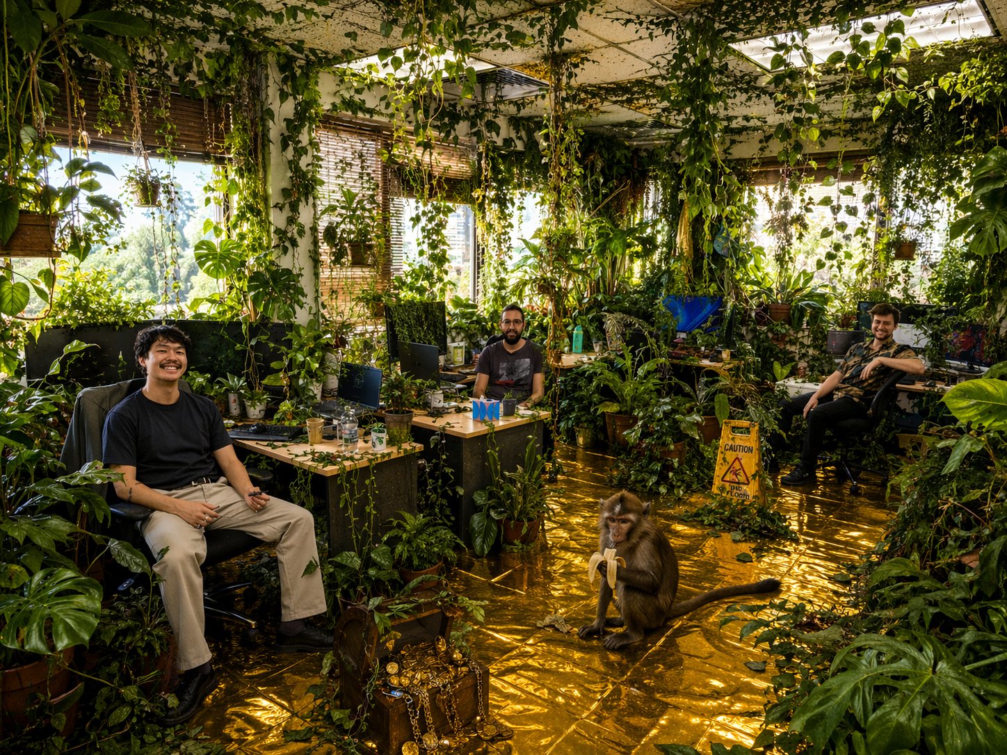 Three people smiling at their desks in an office overgrown with plants, while a monkey eats a banana on the gold floor.