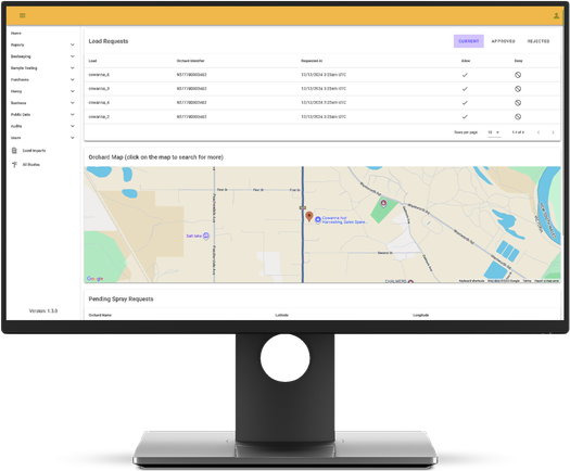 The B-QUAL testing library on a desktop monitor, with a table of load requests, an orchard map and pending spray requests.