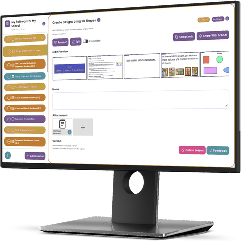 A Shaping Minds lesson page with slide previews, notes and attachments, on a desktop monitor.