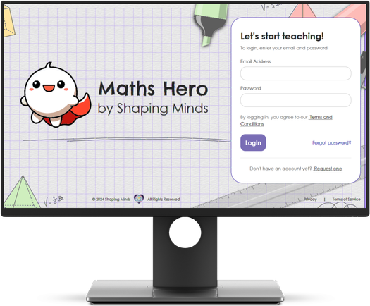 The Maths Hero by Shaping Minds sign-in page on a desktop monitor.